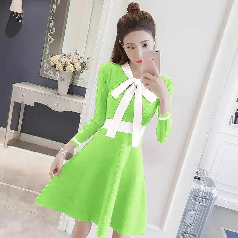 

New Spring and Autumn Dress Slim-Fit Mid-Length Knitted A- line Dress Woman Dress Vestido De Mujer Femme Robe