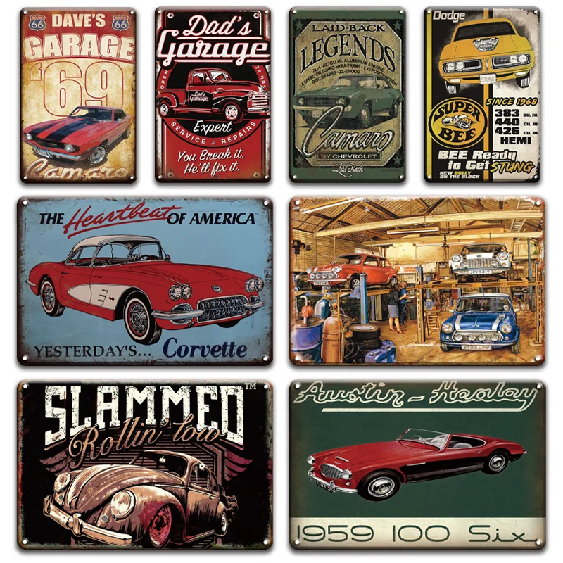 

Hot Rod Car Metal Tin Sign Vintage Garage Home Decor Retro Pin Up Old School Car Poster Man Cave Wall Hanging Room Decoration