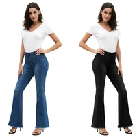 hsf2235 ladies jeans flared pants fashion all match wide legs washed hole denim elastic waist flare pants