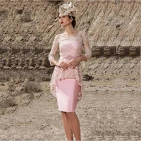 latest charming pink short lace jewel neck mother of the groom gowns knee length three quarter sleeve mother dress peplum 2021