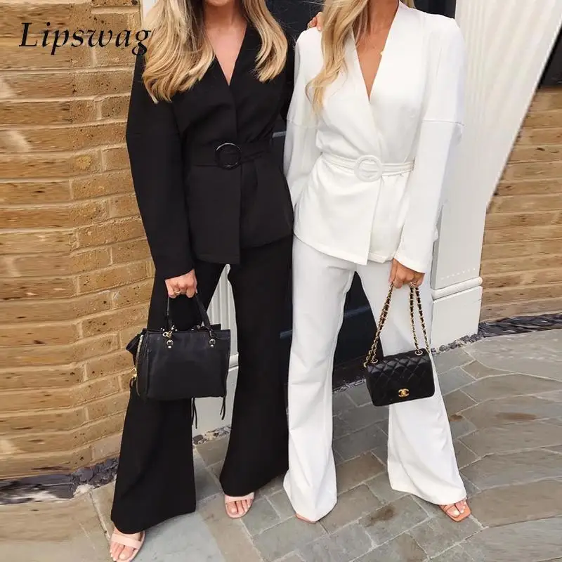 

Женский офисный комплект из 2 предметов, повседневный однотонный комплект с широкими штанинами, пальто с длинным рукавом и поясом, Осень-зим...