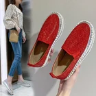 JUNSRM зимние сапоги с роскошными кристаллами на плоской подошве; Женская обувь без застежки; Красный, розовый и цвета хаки, женские пикантные туфли на платформе; Повседневная женская обувь; Обувь на плоской подошве; Большие размеры Стразы лоферы