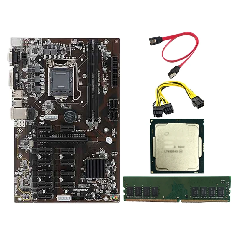 

B250 BTC Motherboard with G3930/G3900 CPU+8G DDR4 RAM+6 to 8Pin Power Cable 12 PCIE Slot LGA1151 DDR4 SATA3.0 USB3.0