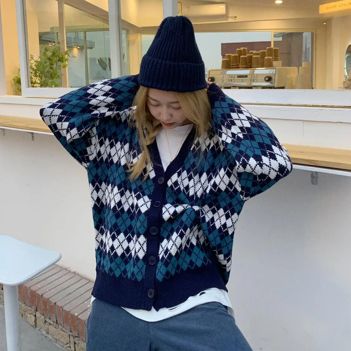 

2021 New Retro Casual Loose Contrast Plaid Sweater Cardigan Sweater Women'S Street Style Hip Hop Sweater