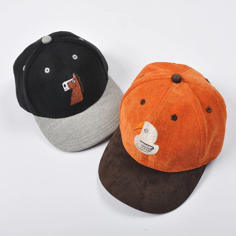 Children Cartoon Embroidery Baseball Caps Baby Boys Cute Hats 1-5 Years Little Girls Fashion Corduroy Hat Autumn | Детская одежда и