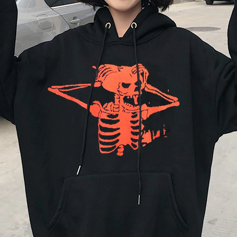 

Loose Women Hoodie Men's Gothic Punk Skull Pattern Oversized Hooded Jumper Full Sleeve Female Streetwear Hoodies Unisex