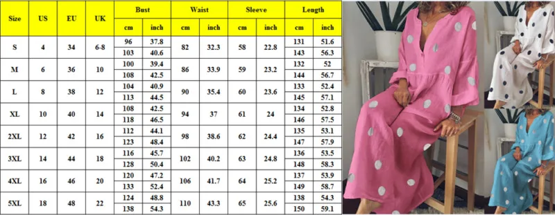 Plus Size Women Boho V-neck Long Shirt Dress Summer Holiday Polka Dot Maxi | Женская одежда