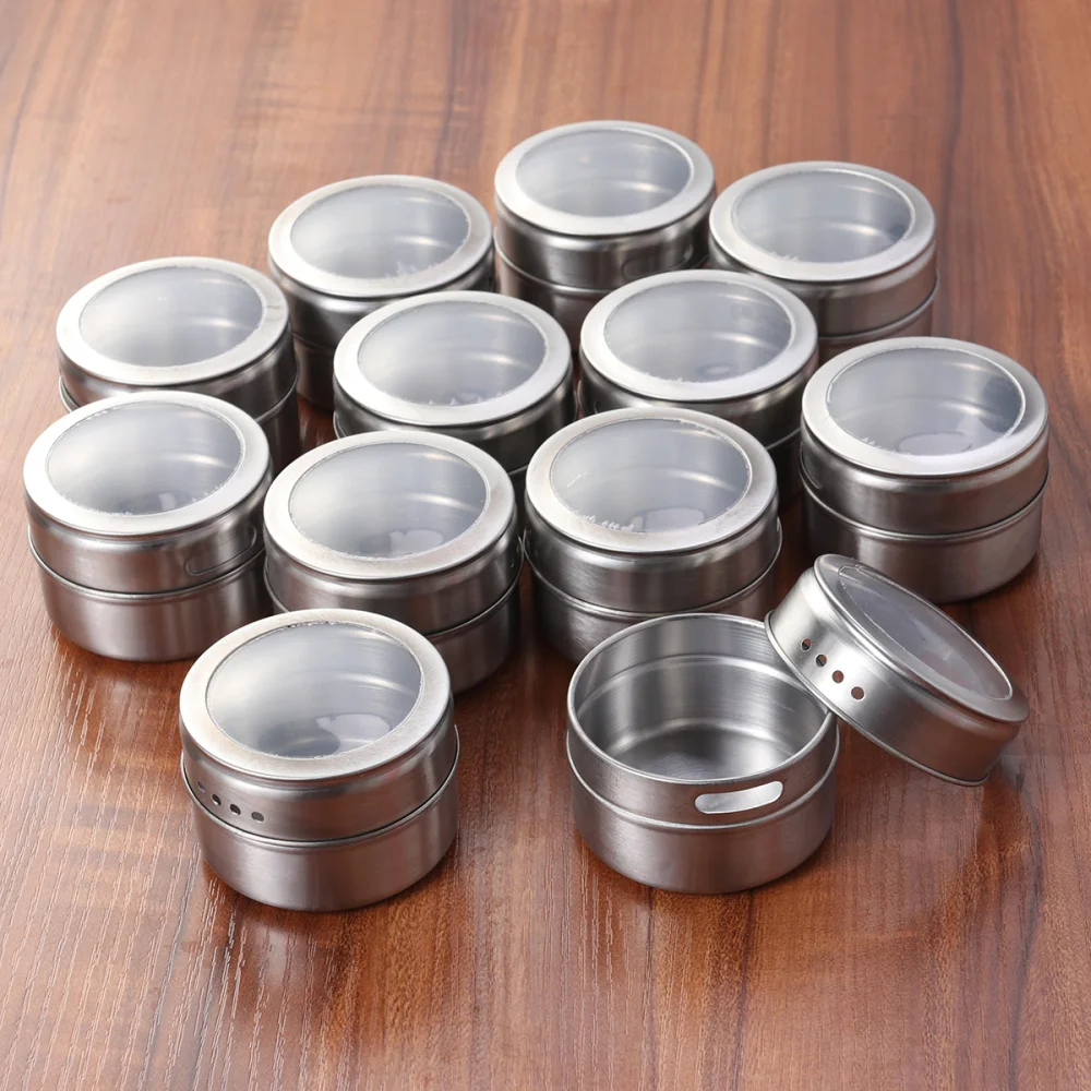 

12Pcs Stainless Steel Magnetic Multi-Purpose Spice Storage Tins Clear Lid with Sift or Pour Magnetic on Refrigerator and Gri