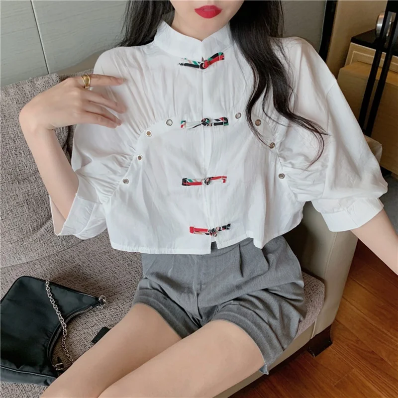 Женский укороченный топ с пышными рукавами костюм Тан в китайском стиле белая