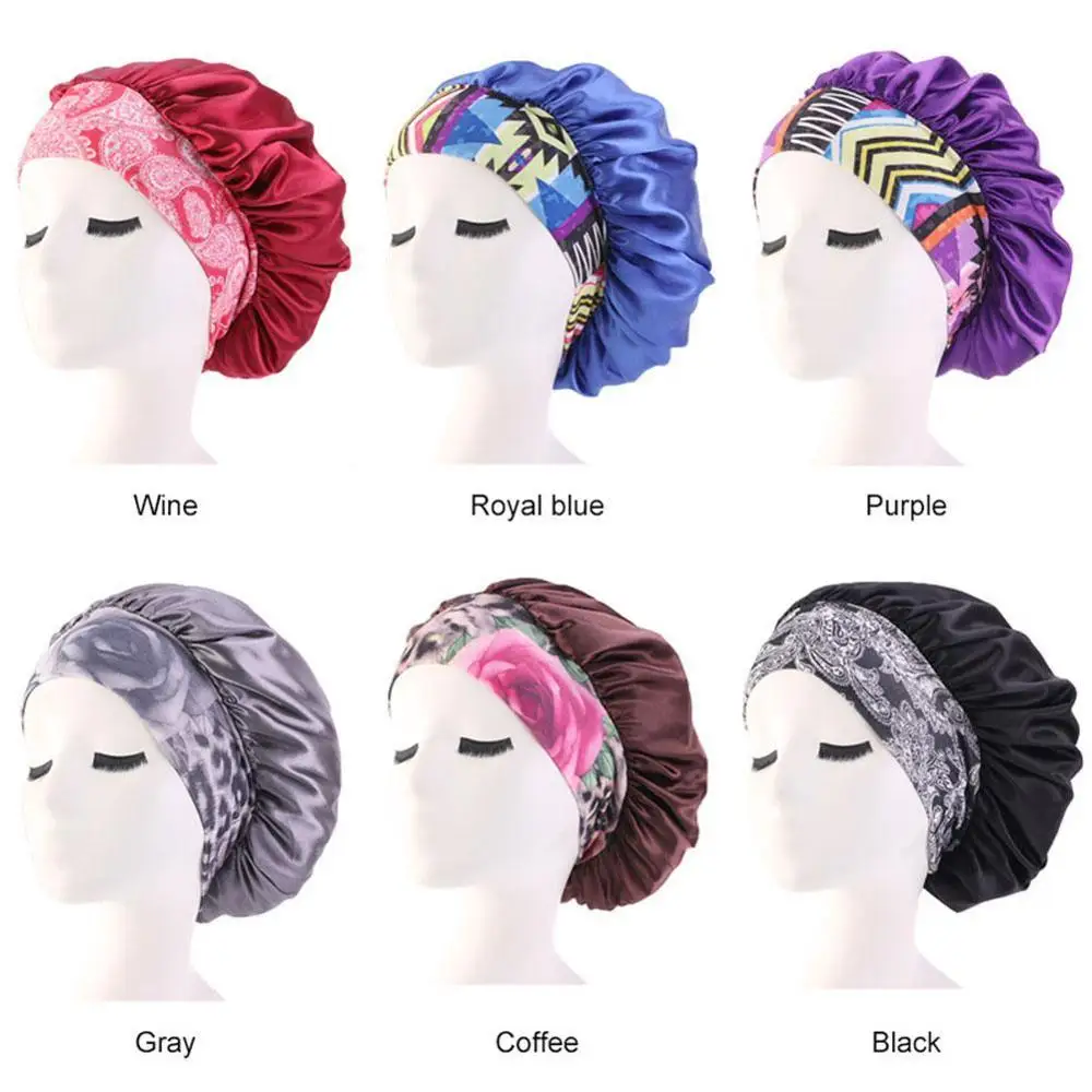 

Wide Edge Sleeping Cap Men Women Vintage National Style Elastic Flowers Printed Silk-like Comfortable High Quality Soft Caps