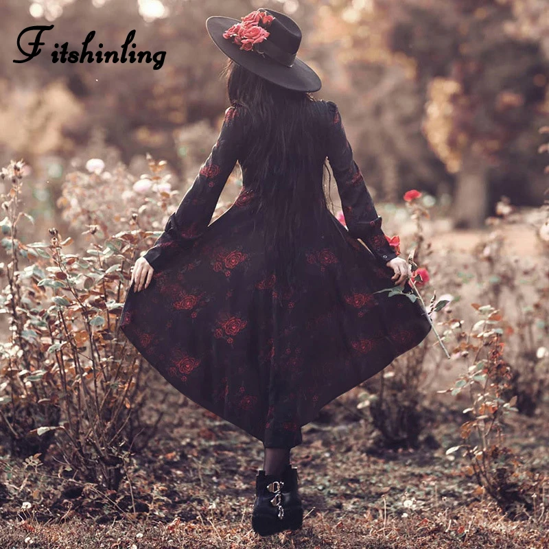 Облегающее платье рубашка с принтом розы в готическом стиле необычное длинным