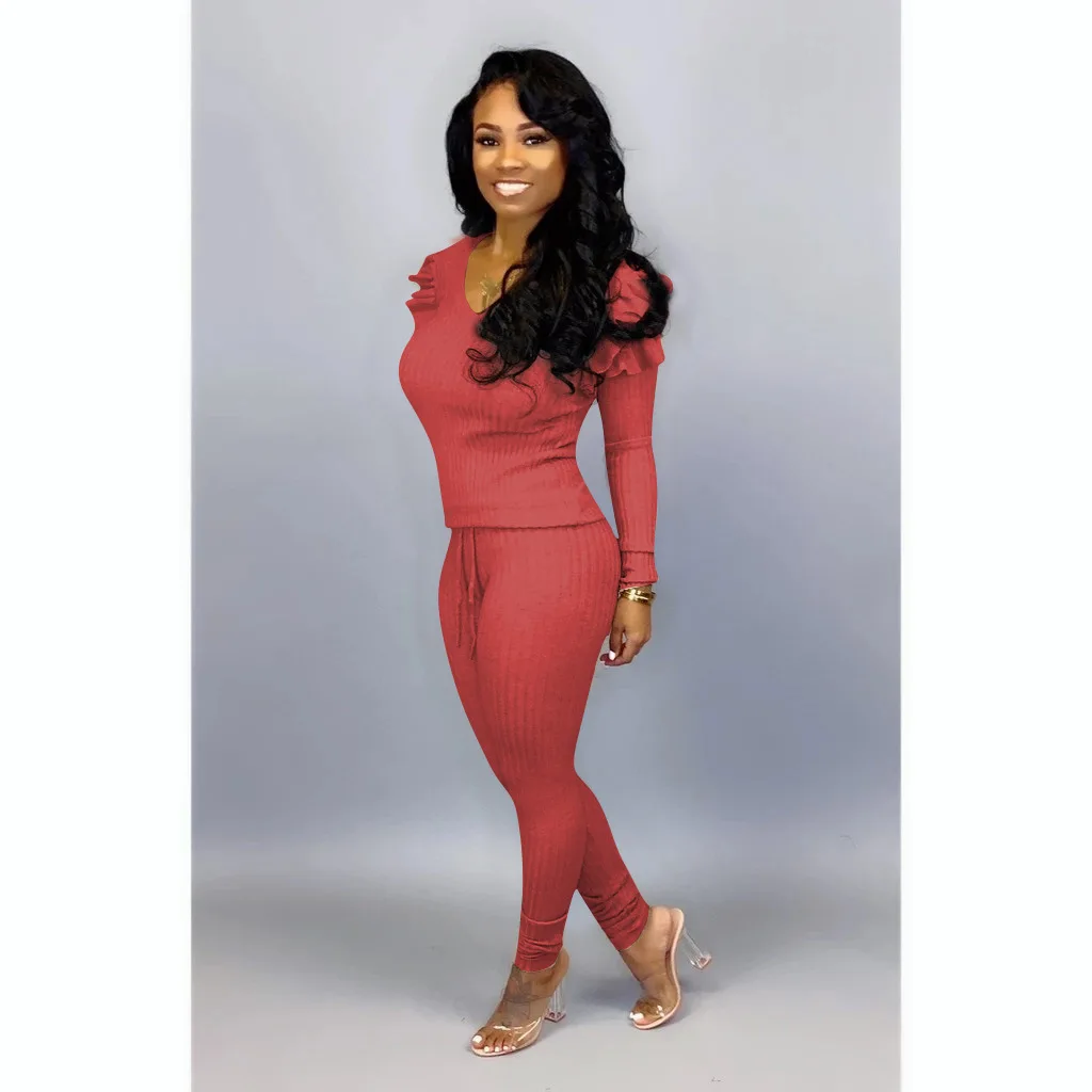 QILI Plus Size Two Piece Set Jumpsuits Womens Stretch Twill Ruffles Long Sleeve 2 Piece Outfits Casual Jumpsuits Autumn Jumpsuit