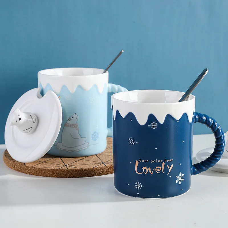 

Cartoon Cute Polar Bear Mug Creative Animal Couple Water Cup with Lid