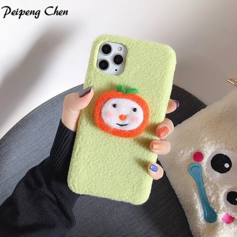 Cartoon phone case For iphone 11 Pro Max XS XR 7 8 plus Plush Warm Cases Cute Fruit Oranges Silicone Cover Christmas Coqu | Мобильные