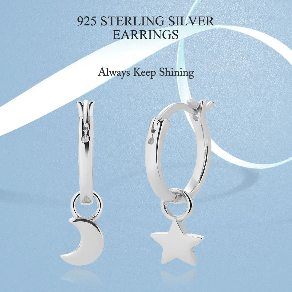 

ELESHE Moon and Star Hoop Earrings 100% 925 Sterling Silver Trendy Earrings for Women Wedding Engagement Jewelry Gift