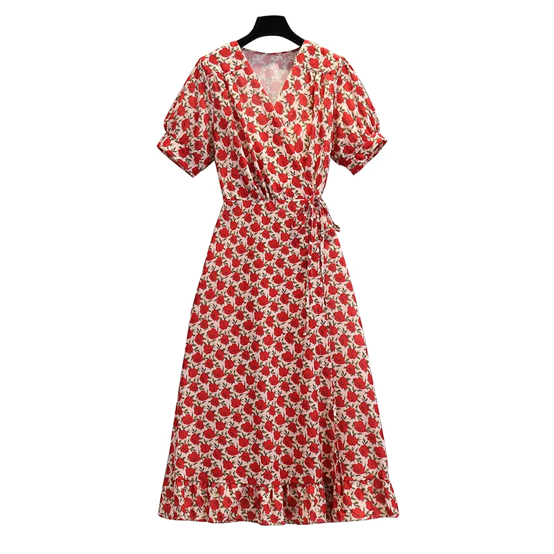 

Plus size Summer flower print dresses women short sleeve deep v neck elegant long dresses for women korean sweet chiffon vestido