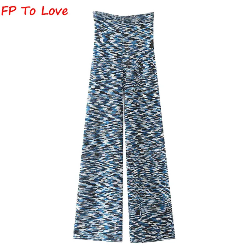

FP To Love женские разноцветные Трикотажные Широкие брюки с высокой талией 2021FW осенние весенние длинные уличные синие брюки
