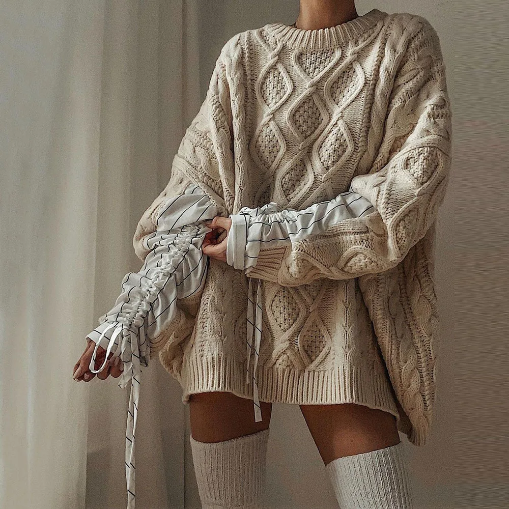 

Autumn Winter Long Sleeve Women's Sweater Solid Color Shirt Patchwork O Neck Loose Twist Pattern Weaving Casual Sweater Women