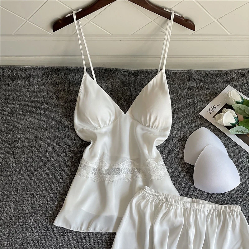 

Spaghetti Strap Satin Sleepwear Women Nighties Deep V Neck Sleeveless Pyjamas Set Female Nightwear Sexy Lace Patchwork Homewear