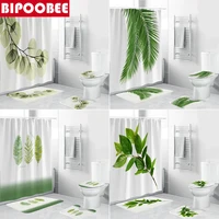 Green Plants Leaves Print Shower Curtain Natural Leaf Bathroom Curtains Set Bath Mat Non-Slip Carpet Toilet Lid Cover Home Decor