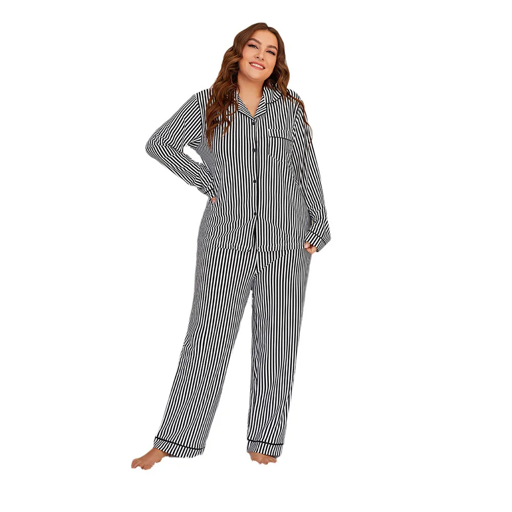 

New Fat Mm Vertical Bar Pajamas Women's Knitting Long Sleeve Suit Leisure Large Size Two Piece Home Suit elegant women's dress