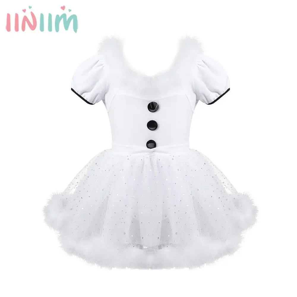 

Kids Girls Christmas Dance Costume Feather Trim Puff Sleeves Buttons Figure Skating Baton Twirling Sequined Mesh Leotard Dress