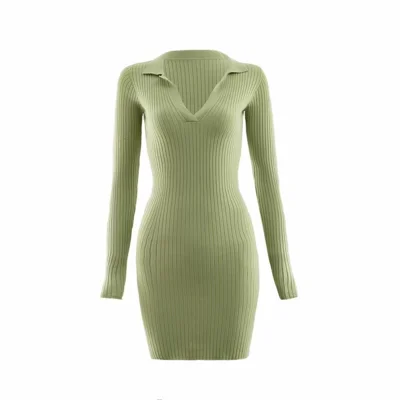 

Women knitted polo v neck bodycon mini dress s m l