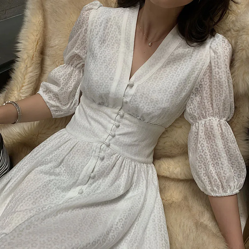 Платье женское винтажное белое с рукавом фонариком|Женские платья| |