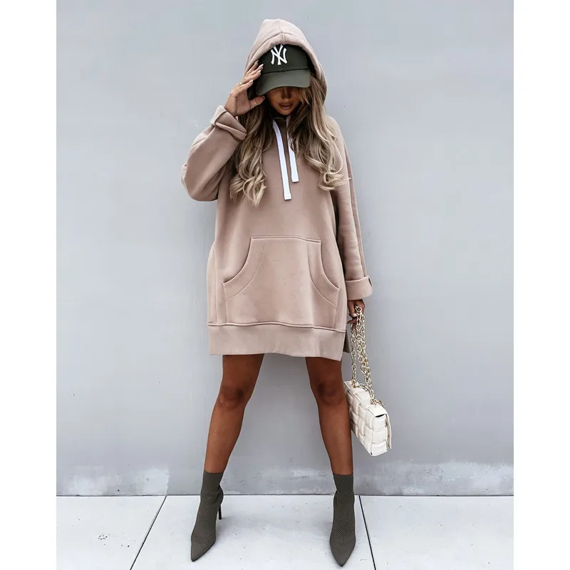 

Autumn 2021 Long-Sleeve Solid Color Pullover Hooded Drawstring Sweater Women Clothing Fashion Splice Split Loose Pocket Pullover