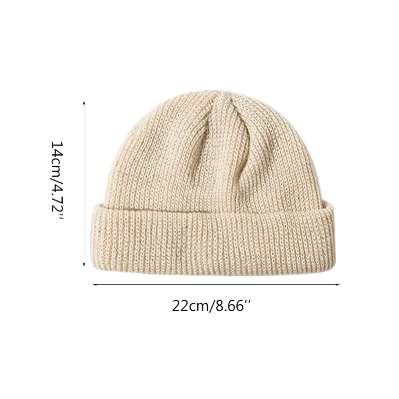 

Women Unisex Winter Ribbed Knitted Cuffed Short Melon Cap Solid Color Skullcap Baggy Retro Ski Fisherman Docker Beanie Hat 6