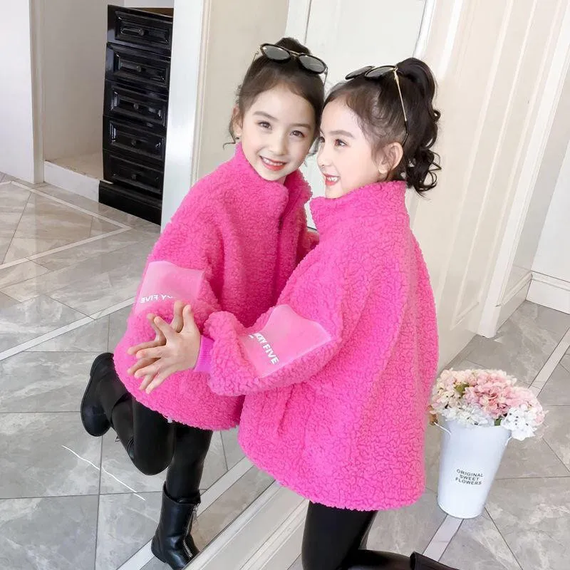 

Beautiful Spring Winter Girl Coat Lamb Wool Jackets Warm Turtleneck Clothing Kids Teenage Children Fur Tops Plus Cashmere Thicke