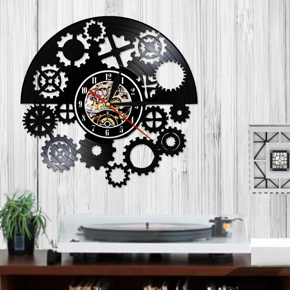 Готический стимпанк виниловая запись настенные часы шестерни Черный виниловый