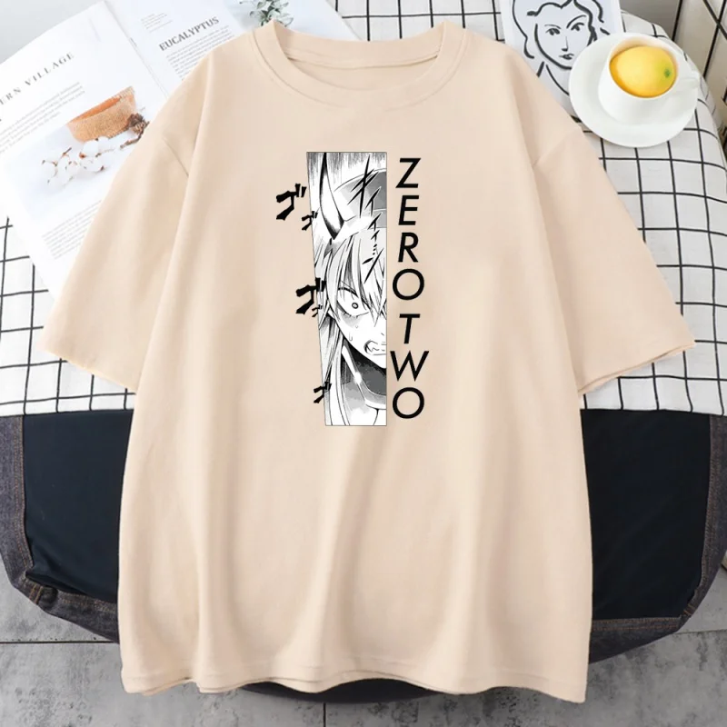 

Camiseta feminina estampa de desenho animado zero two, camiseta feminina larga de manga curta para o verão, gola redonda, de