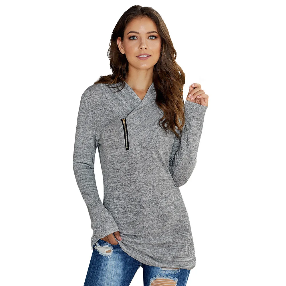 

Autumn Winter Long-sleeved Pullovers Sweatshirt Women New Casual Solid Diagonal Zipper Long Tops Clothes Female Streetwear