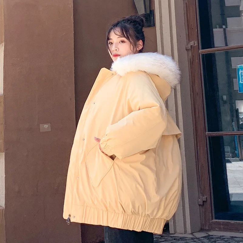 

Oversize Korean Winter Jackets Women Casual Loose Down Cotton Coat Woman Warm Cotton Parka Coat Female White Fur Collar Overcoat