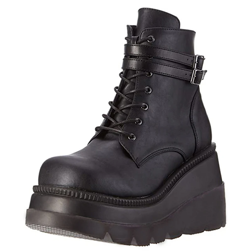 

New Fashion European Style Black Ankle Boots Flats Round Toe Black Lace-up Boots Woman Platform Patent Leather Shoes