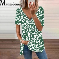 2021 summer womens zipper v neck floral printed short sleeved t shirt ladies fashion casual loose tops women clothing