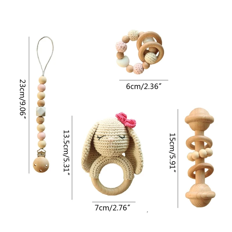 

Baby Pacifier Chain Clip Dummy Nipple Holder Wooden Bracelet Crochet Rabbit Rattle Hand Bell Teething Toy Soother Molar