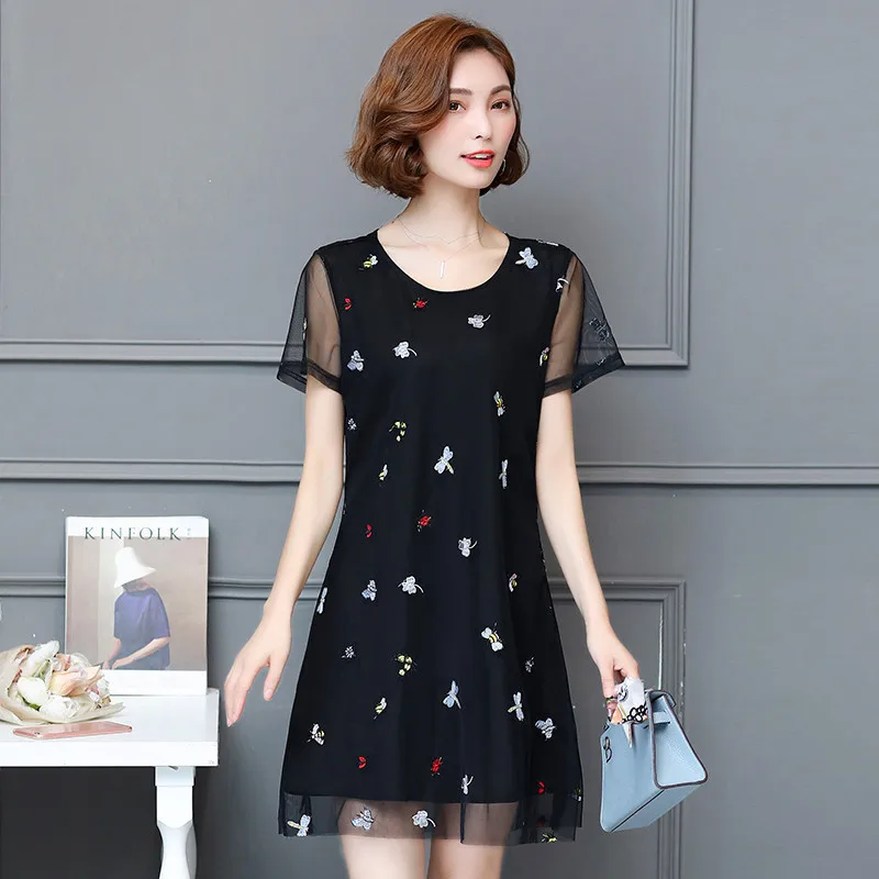 Женское шифоновое платье с коротким рукавом вышивкой|Женские платья| |