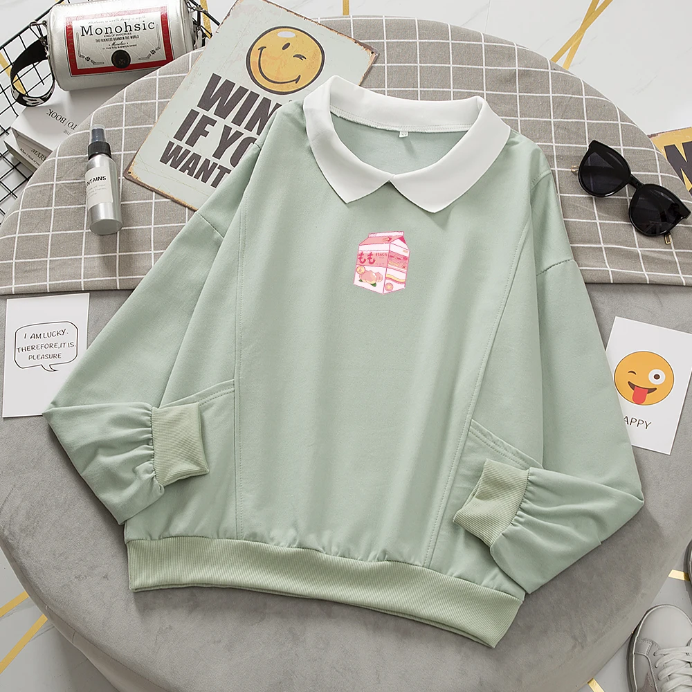 Woman Hoodies Kawaii Turn-down Collar Strawberry Printing Sweetshirts Womens Comfy Cute Sweatshirts Japanese Streetwear Clothes
