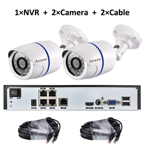 AZISHN 4CH 1080P HDMI 48 в POE 2MP NVR CCTV камера системы наружная безопасность 720P IP камера P2P система видеонаблюдения NVR комплект - Цвет: NVR 2Camera 2cable