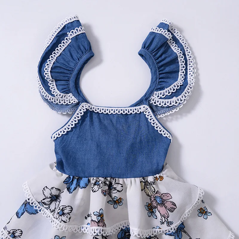 

Toddler Girls Clothes Summer Girl Flying Sleeves Dress Printed Baby Vest European Floral Children Lace Baby Girl Birthday Dress