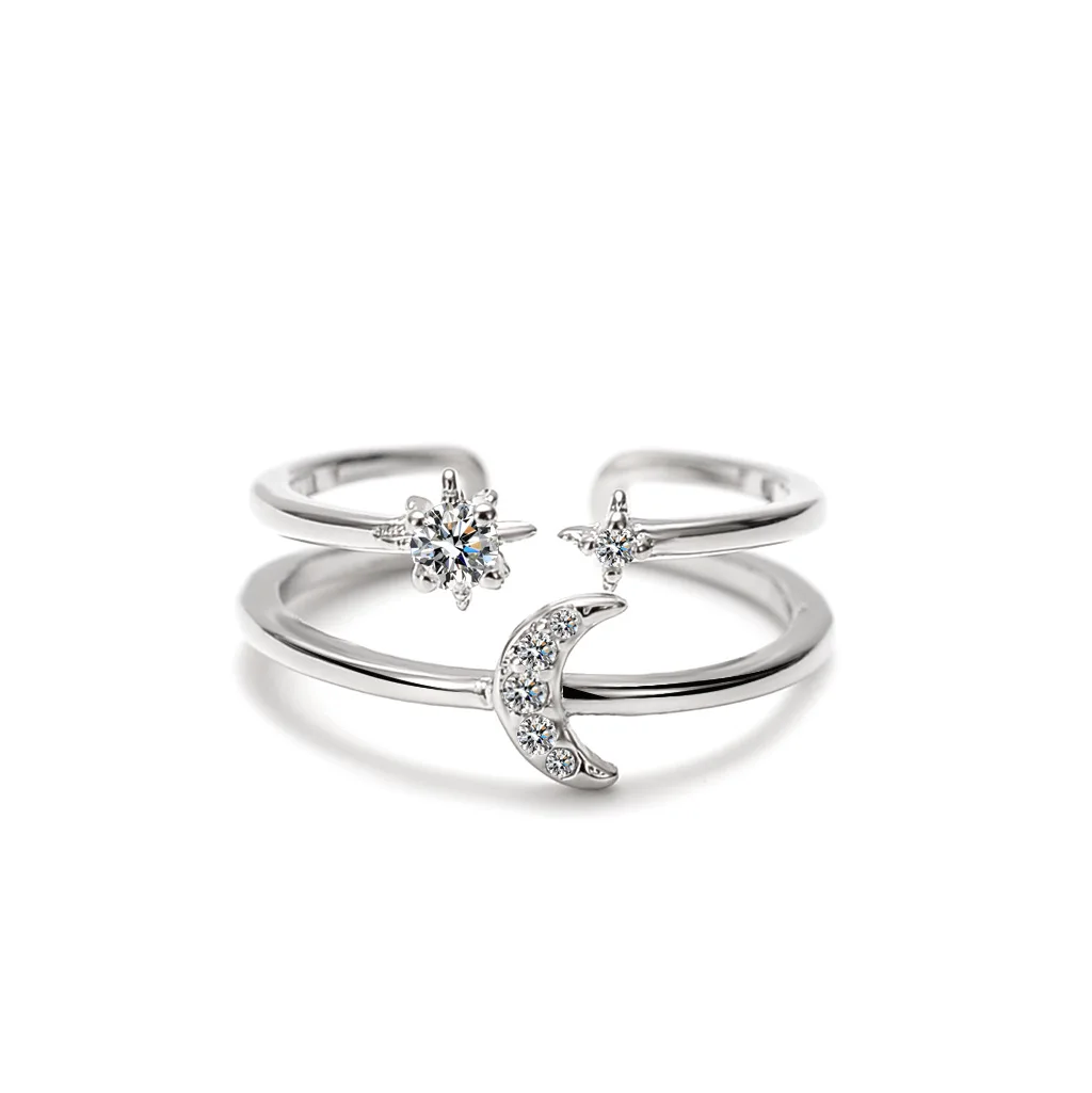 Silver Plated Design Moon Double Deck Ring Fashion Lady AAA Cubic Zirconia Star Open Simple Luxury Girl Valentine Day Gift | Украшения и