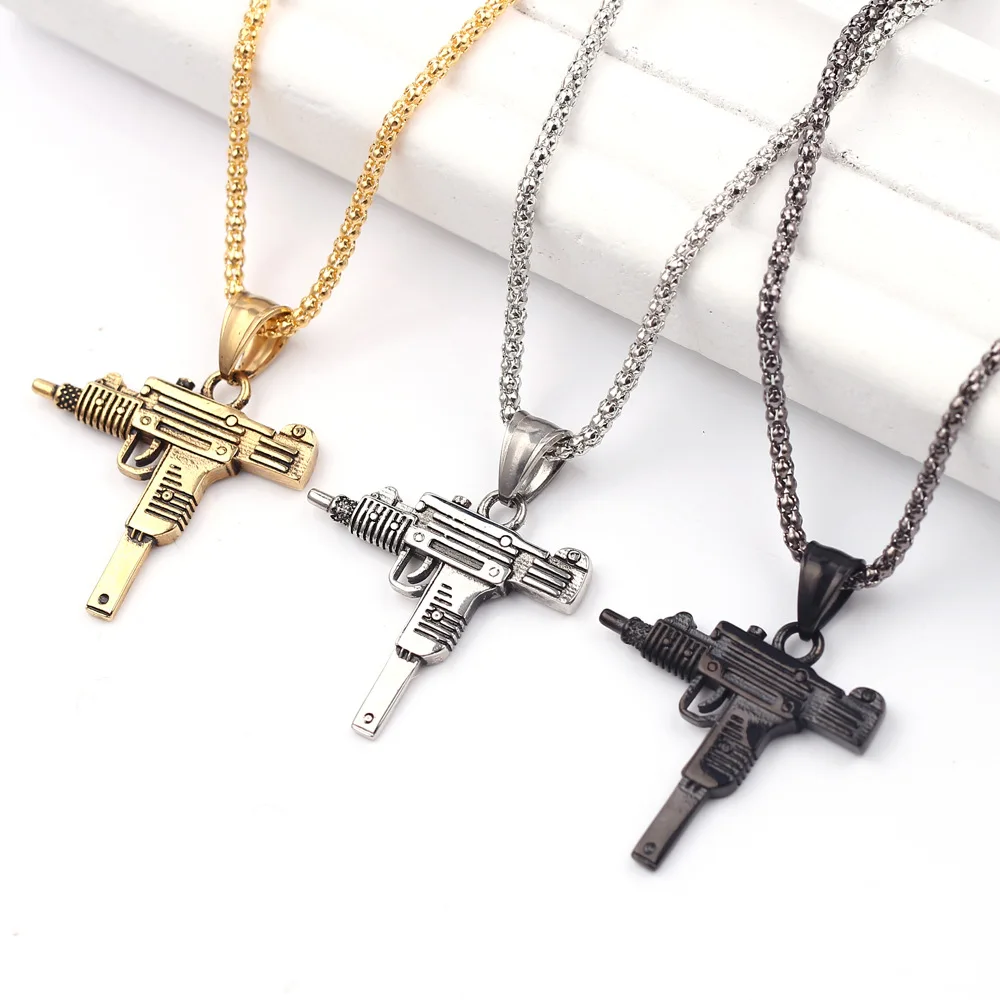 

Gothic Hip Hop Uzi Kolye Gun Shape Pendant Necklace Gold Black Silver Military Style Men's Chain Men's Necklace Jewelry