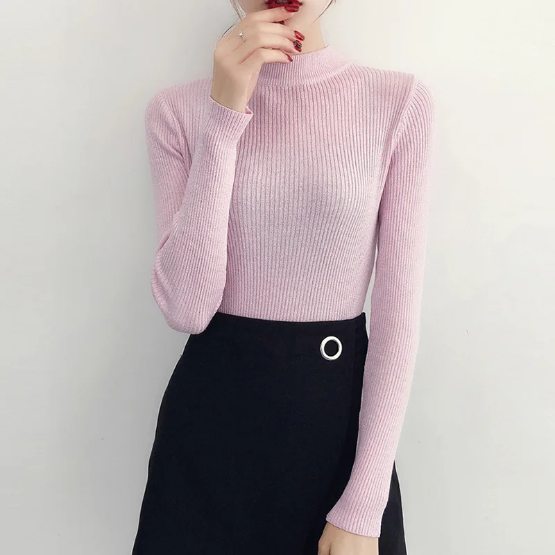 2022 Spring Winter Long Sleeve Sweater Women Shiny Pullover Basic Femme Turtleneck Korean Style Knit Tops 5042 | - Фото №1
