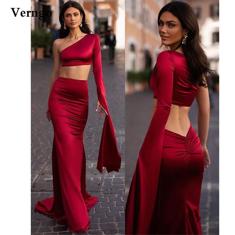 

Verngo Wine Red Two Pieces Satin Mermaid Evening Dress One Shoulder Long Sleeve Prom Gowns Celebrity Formal Occasion Dress