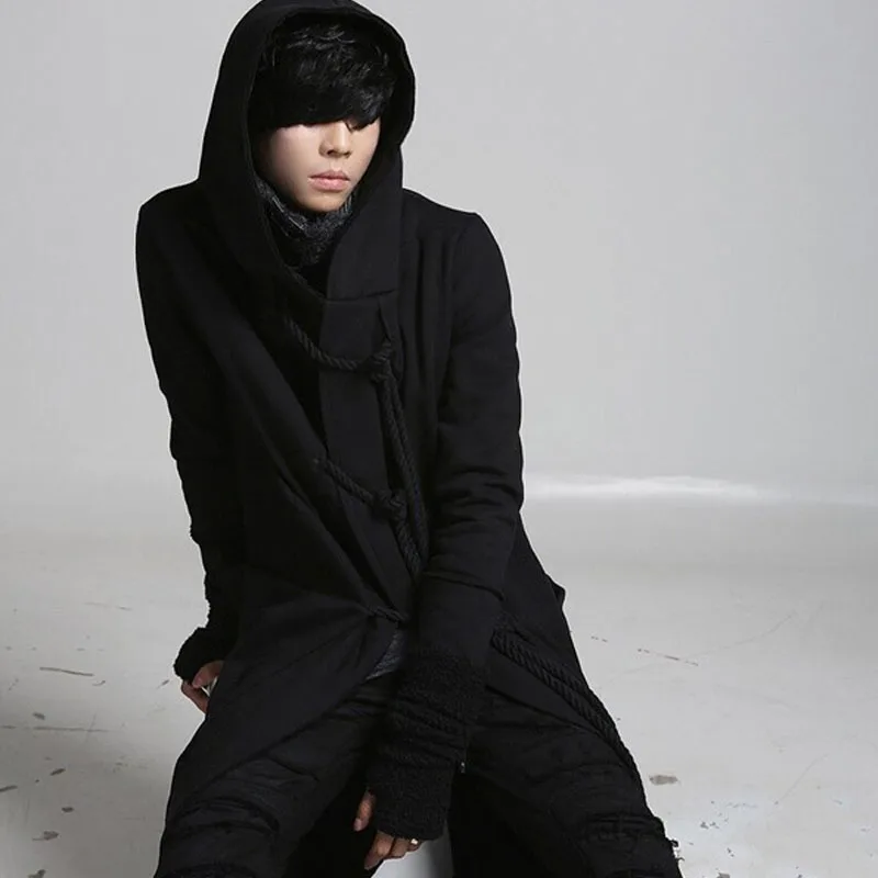 Homens с кулиской черный готический панк рок стиль длинный тренчкот капюшоном casaco