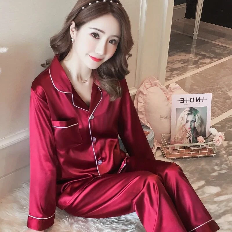 Осенняя женская пижама из 2 частей искусственного шелка и сатина с длинным