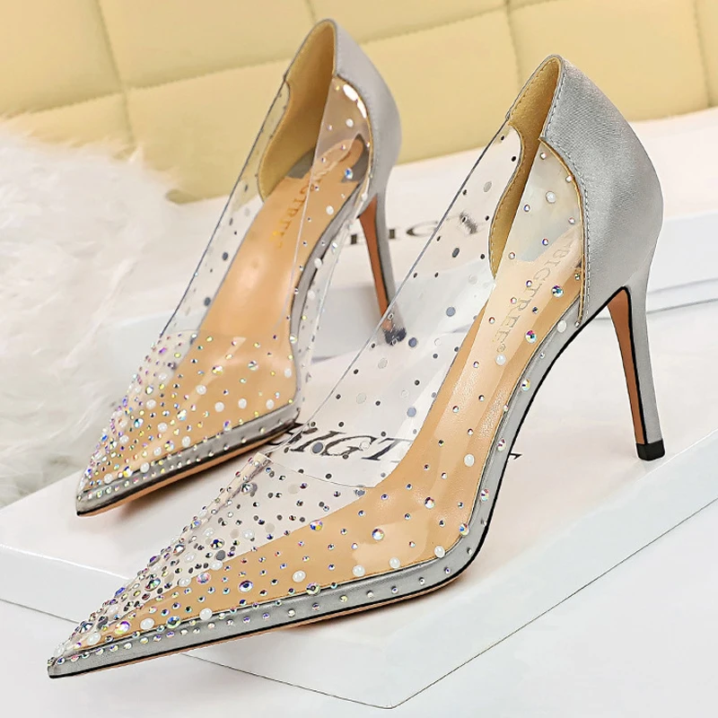 

BIGTREE Shoes Sparkle Rhinestones Kitten Heels Women Pumps PVC Transparent High Heels Pointed Toe Women Heels New Banquet Shoes