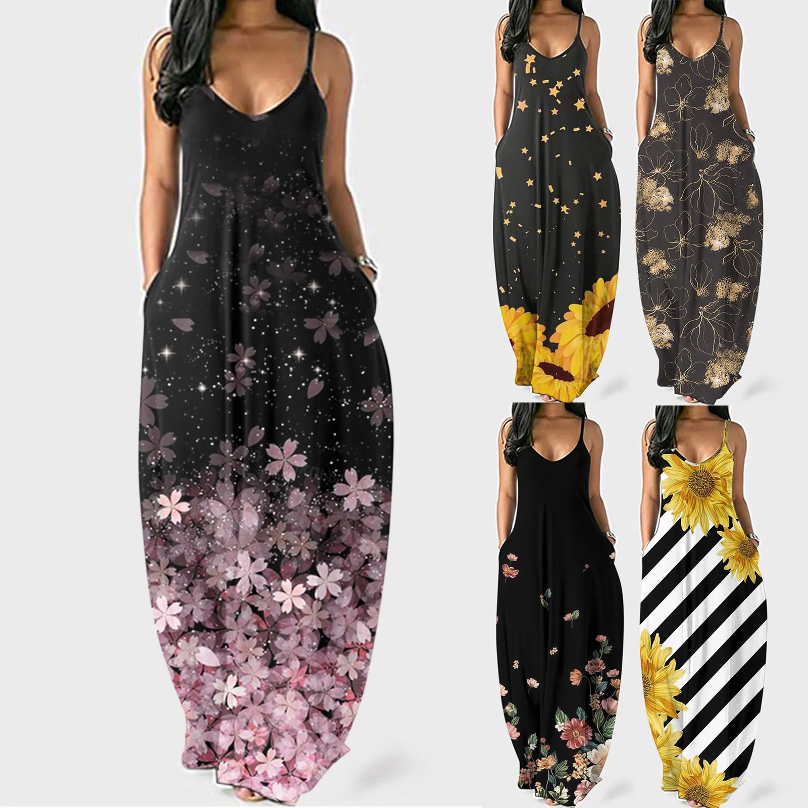 

Long Dress Loose Casual O-neck Flower Print Sleeveless Plus Size Dresses for Women 2021 New Fashion Vestidos Femme Drop Shipping